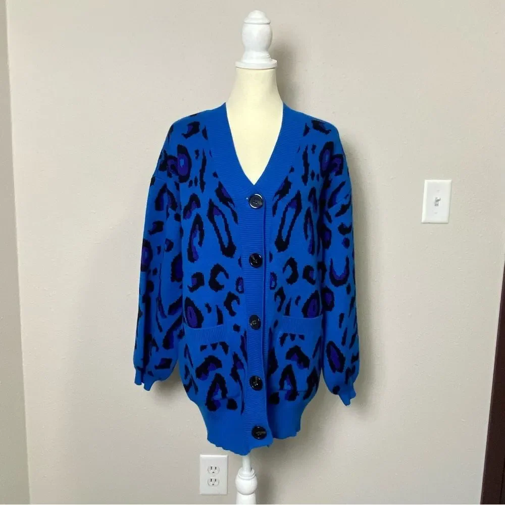 Sugar Lips Blue Animal Print Oversized Long Knit Cardigan Women's Size Medium